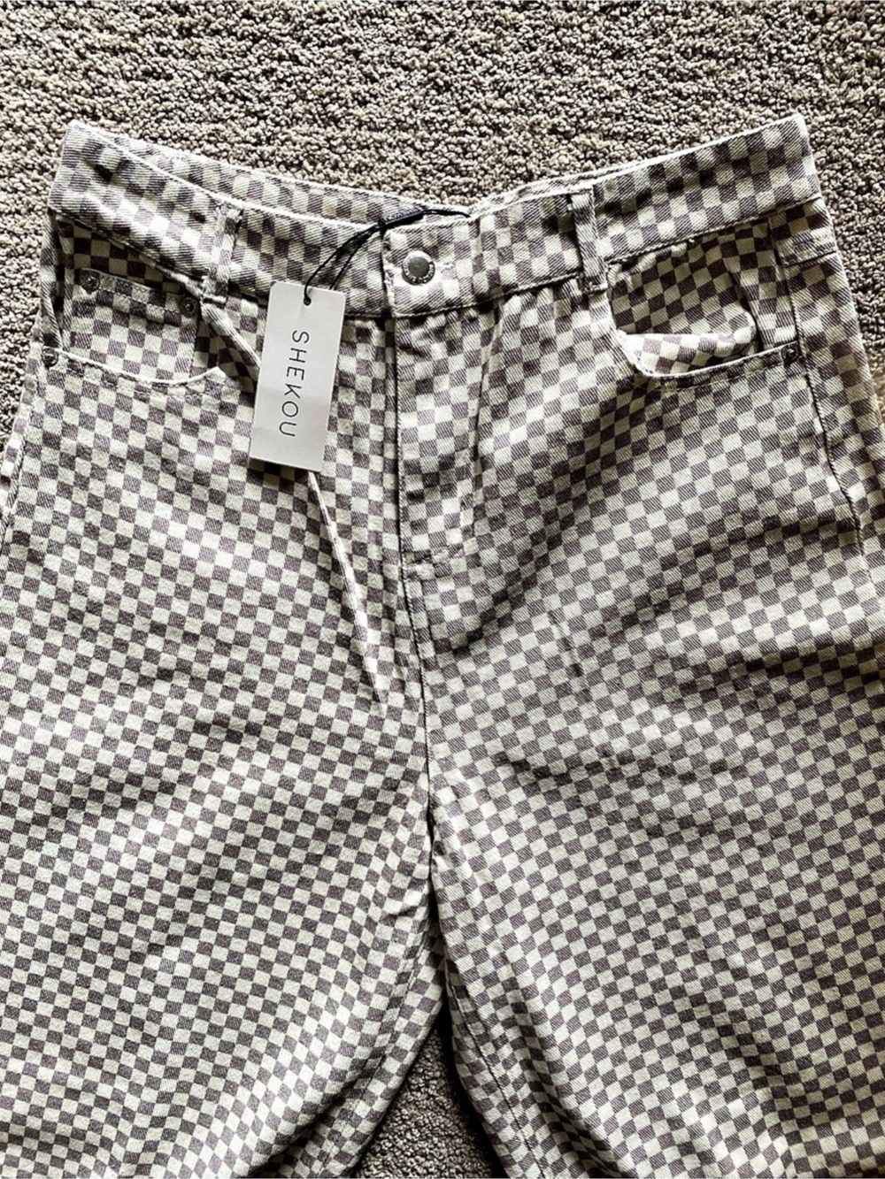 SHEKOU Checkered Wide Leg Pants in Purple & Cream Size Large NWT